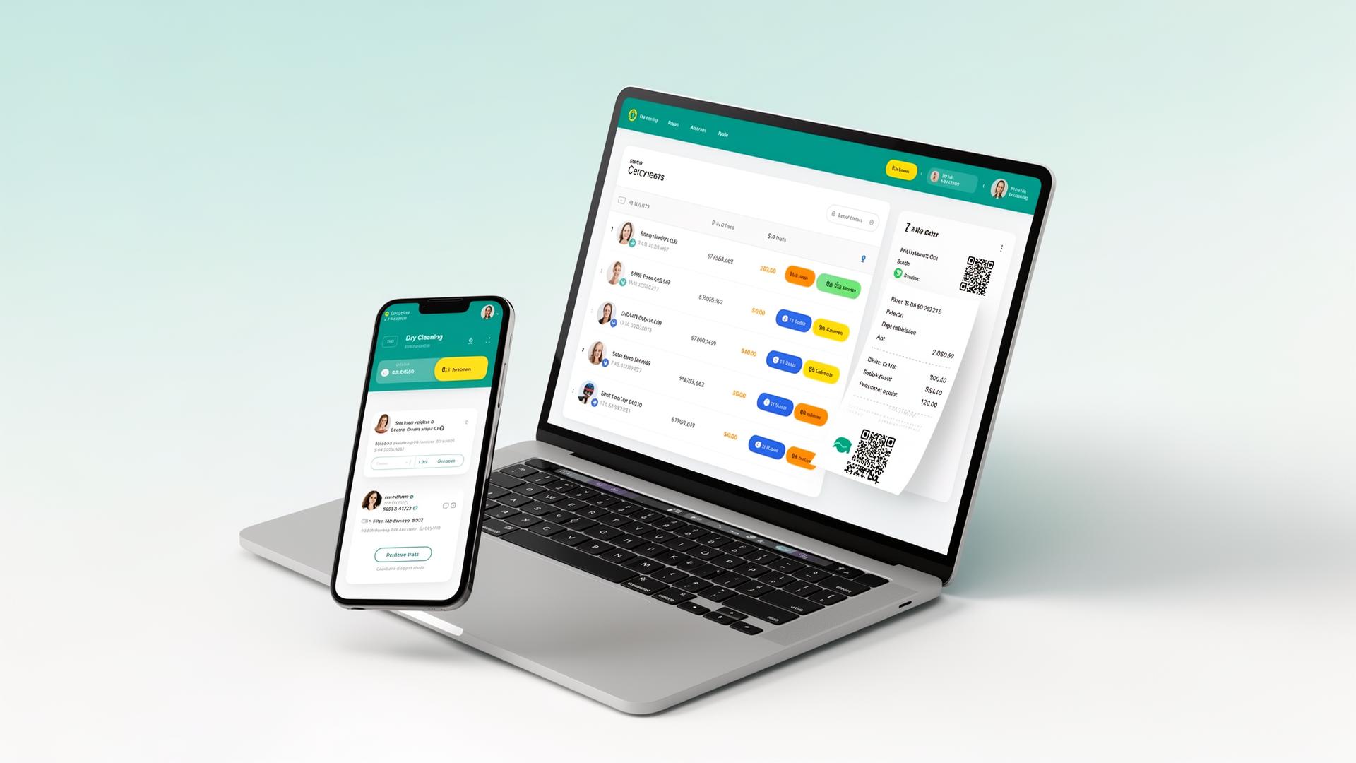 Aplicația CleanFlow afișând lista de comenzi pe laptop și telefon
